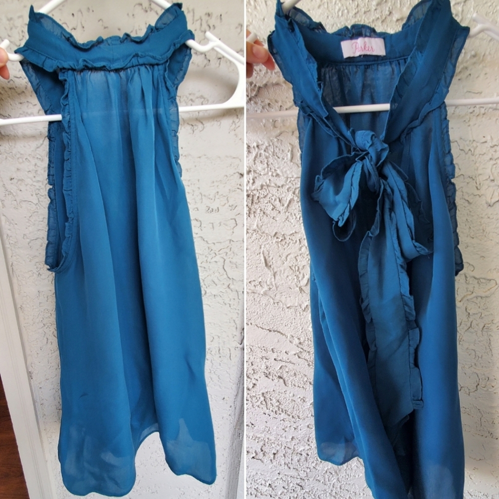 Parker Blue Turquiose Silk Blend Sleeveless Ruffle Blouse Small